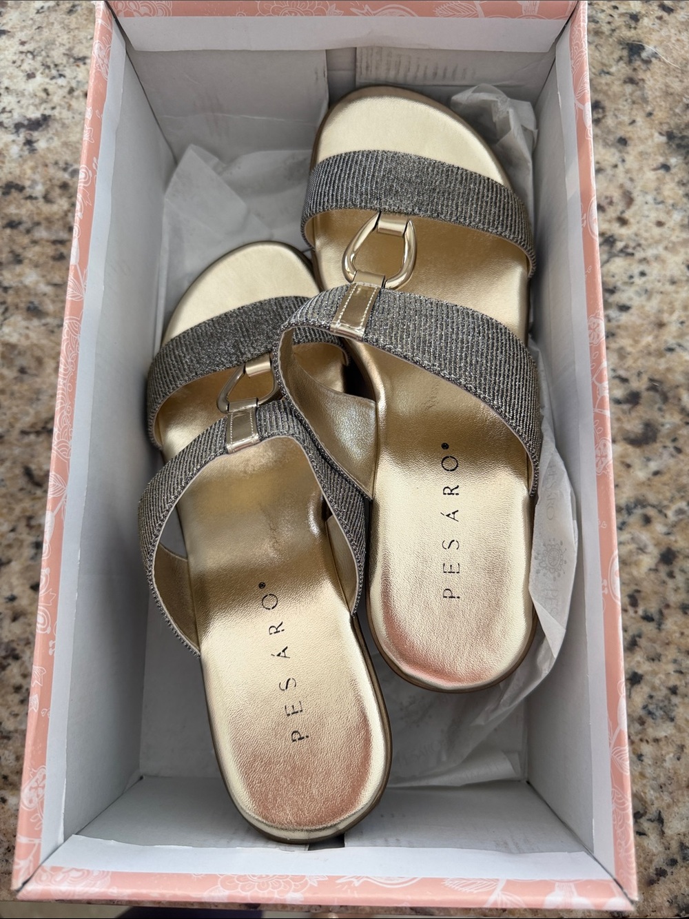 Pesaro Gold Footbed with Taupe Sparkle Woven-Strap Slip-On Sandals